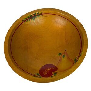 Vintage Wooden Fruit Serving Bowl Hand Painted Apple Pear Kitchen Decor